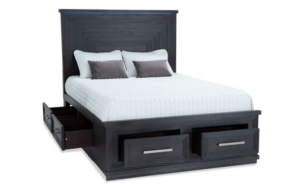 Contemporary Infinity King Charcoal Storage Platform Bed in charcoal MDF with six cedar-lined drawers, LED headboard lighting, and sleek design.