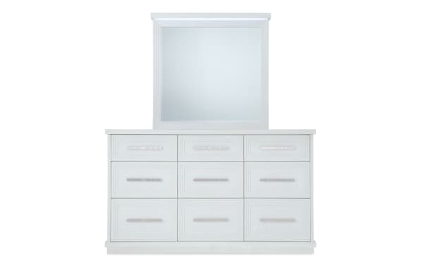 Contemporary Infinity White 9 Drawer Dresser with MDF frame, cedar-lined and felt-lined drawers, and beveled LED-lit mirror with hidden jewelry storage.