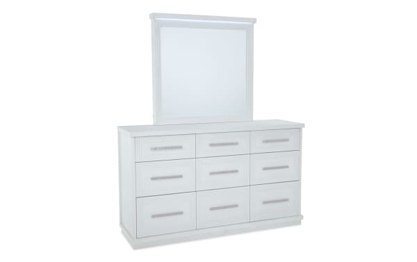 Contemporary Infinity White 9 Drawer Dresser & Mirror in MDF with cedar-lined bottom drawers, felt-lined top drawers, beveled LED-lit mirror, and hidden jewelry storage.