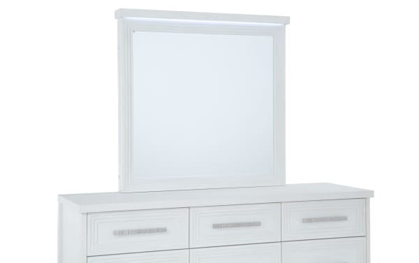 Contemporary Infinity White 9 Drawer Dresser & Mirror in MDF with LED-lit beveled mirror, cedar and felt-lined drawers, and hidden jewelry storage.