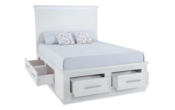 Infinity Queen White Storage Platform Bed from Infinity Bedroom collection, contemporary MDF frame with six cedar-lined drawers and LED headboard lighting.