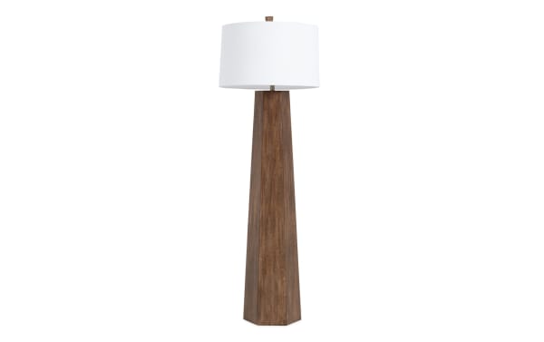 Transitional Chicago 53'' brown floor lamp with geometric resin base and ivory metal drum shade, ideal for modern living spaces.