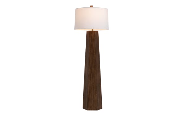 Transitional Chicago 53'' floor lamp with geometric brown resin base and ivory metal drum shade, ideal for modern living spaces.