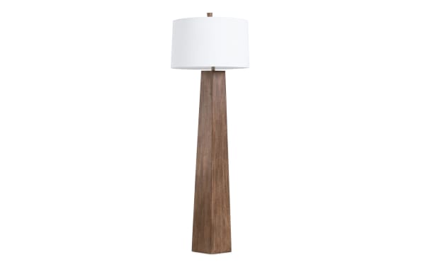 Transitional Chicago 53'' floor lamp with a geometric brown resin base and ivory metal drum shade, ideal for modern living spaces.