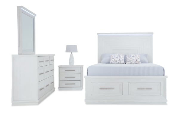 Contemporary Infinity 4 Piece Queen White Storage Bedroom Set in MDF with LED-lit headboard and mirror, 18 drawers with cedar and felt lining, built-in USB ports, and hidden jewelry storage.