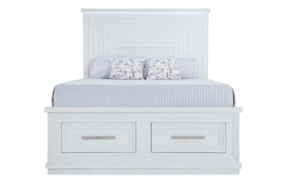 Contemporary Infinity 4 Piece Queen White Storage Bedroom Set in MDF with LED-lit headboard, cedar-lined drawers, and built-in charging ports.