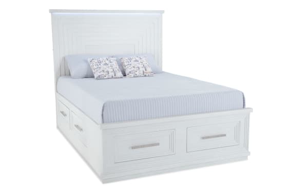 Contemporary Infinity 4 Piece Queen White Storage Bedroom Set in MDF with LED-lit headboard, 18 drawers, cedar lining, and built-in charging ports.