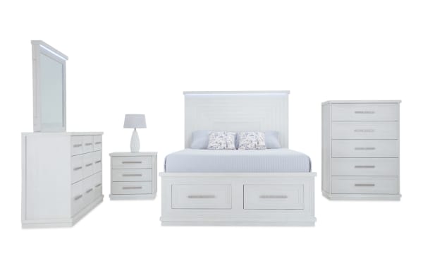Contemporary Infinity 5 Piece Queen White Storage Bedroom Set in MDF with 23 drawers, LED-lit headboard and mirror, cedar and felt-lined storage, built-in USB/USB-C ports, and hidden jewelry storage.