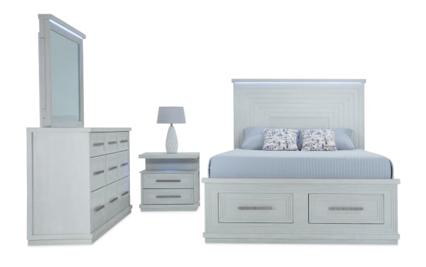 Contemporary Infinity 4 Piece Queen White Storage Bedroom Set in MDF with 17 drawers, cedar lining, LED lighting, USB ports, and beveled mirror.