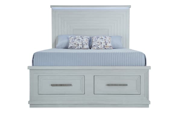 Contemporary Infinity 4 Piece Queen White Storage Bedroom Set in MDF with platform bed featuring 2 cedar-lined drawers, LED-lit headboard, and sleek white finish.
