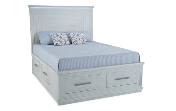 Contemporary Infinity 4 Piece Queen White Storage Bedroom Set in MDF, featuring a platform bed with 6 cedar-lined drawers, sleek headboard, and modern hardware.