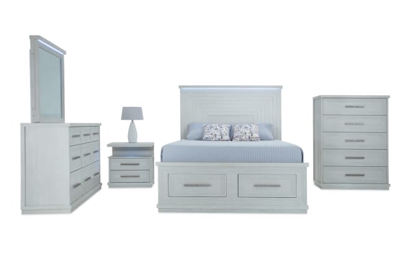 Contemporary Infinity 5 Piece Queen White Storage Bedroom Set in MDF with 22 drawers, LED lighting, cedar and felt linings, USB ports, and beveled mirror.