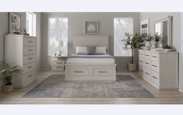 Contemporary Infinity 5 Piece Queen White Storage Bedroom Set in MDF with 22 drawers, LED lighting, cedar-lined storage, beveled mirror, and USB ports.