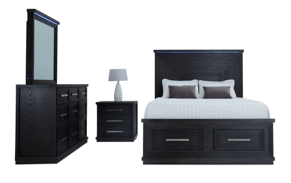 Contemporary Infinity 4 Piece Queen Charcoal Storage Bedroom Set in MDF with LED-lit headboard and mirror, 18 drawers, cedar lining, USB ports, and hidden jewelry storage.