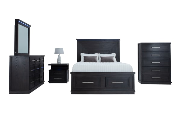 Contemporary Infinity 5 Piece King Charcoal Storage Bedroom Set in MDF with 22 drawers, cedar and felt lining, LED lighting, USB ports, and hidden jewelry storage.