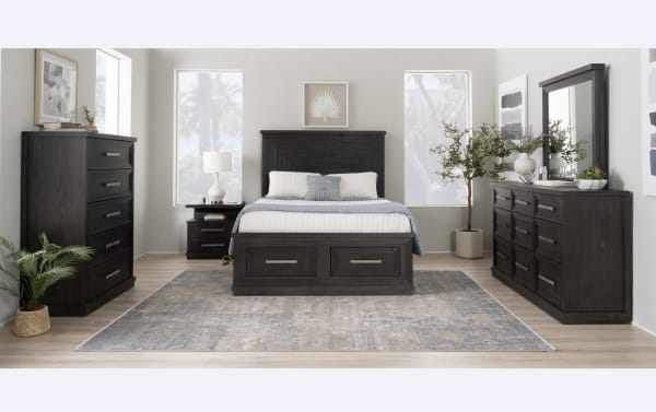 Contemporary Infinity 5 Piece King Charcoal Storage Bedroom Set in MDF with 22 drawers, cedar-lined storage bed, beveled mirror, LED lighting, and USB ports.