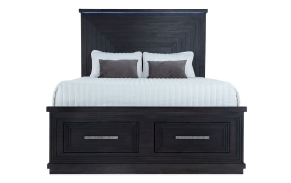 Contemporary Infinity 5 Piece King Charcoal Storage Bedroom Set in MDF, featuring a charcoal platform bed with 2 storage drawers and a tall headboard.