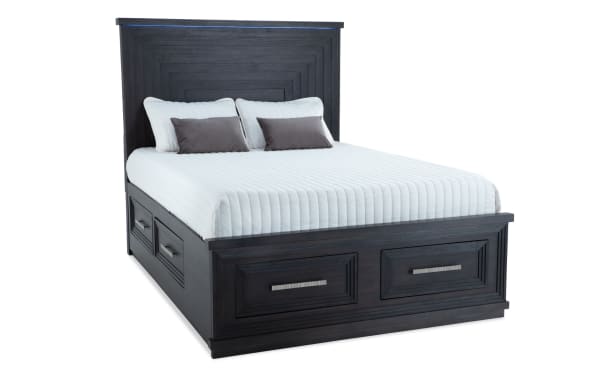 Contemporary Infinity 5 Piece King Charcoal Storage Bedroom Set in MDF with charcoal finish, featuring a platform bed with 6 cedar-lined drawers and sleek metal handles.