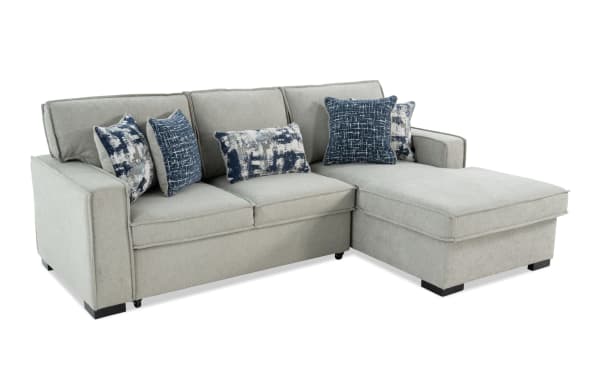 Playmax Gray 94'' 2-piece right arm facing transitional sectional with gray polyester fabric, memory foam seating, pop-up sleeper, USB/USB-C ports, and accent pillows.