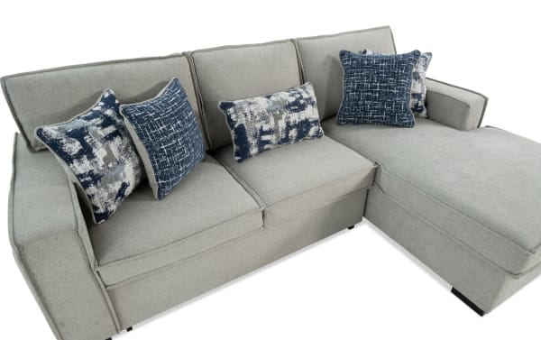 Playmax Gray 94'' 2-piece right arm facing transitional sectional with gray polyester fabric, memory foam seating, pop-up sleeper, USB/USB-C ports, and accent pillows.