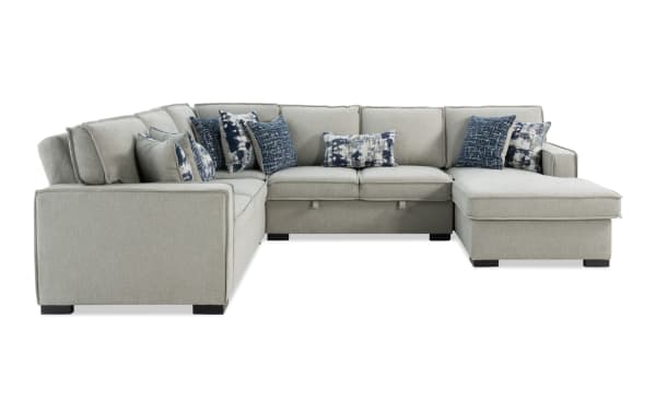 Playmax Gray 124'' 4-piece right arm facing transitional sectional with polyester fabric upholstery, pop-up sleeper chaise, USB/USB-C ports, and accent pillows.