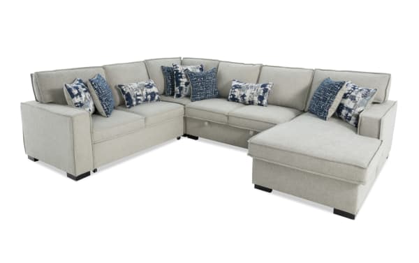 Playmax Gray 124'' 4-piece right arm facing transitional sectional with polyester fabric, memory foam seating, pop-up sleeper chaise, USB/USB-C ports, and accent pillows.