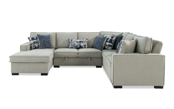 Playmax Gray 124'' 4-piece left arm facing transitional sectional with polyester fabric, pop-up sleeper chaise, USB/USB-C ports, and accent pillows.
