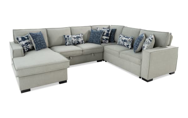 Playmax Gray 124'' 4-piece left arm facing transitional sectional with polyester fabric upholstery, memory foam seating, pop-up sleeper, USB/USB-C ports, and accent pillows.