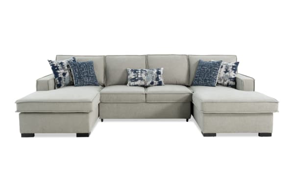 Playmax Gray 120'' 3 Piece Pop-Up Sleeper Dual Chaise Sectional in gray polyester fabric with transitional style, USB/USB-C ports, storage, and accent pillows.
