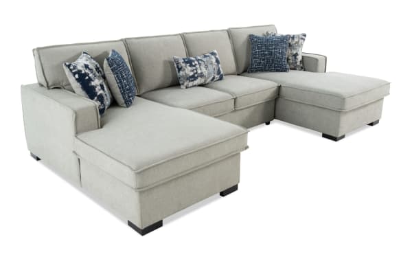 Playmax Gray 120" 3 Piece Pop-Up Sleeper Dual Chaise Sectional in gray polyester fabric with transitional style, USB/USB-C ports, memory foam seating, and accent pillows.