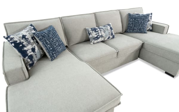 Playmax Gray 120'' 3 Piece Pop-Up Sleeper Dual Chaise Sectional in gray polyester fabric with Bob-O-Pedic memory foam, USB/USB-C ports, and accent pillows.