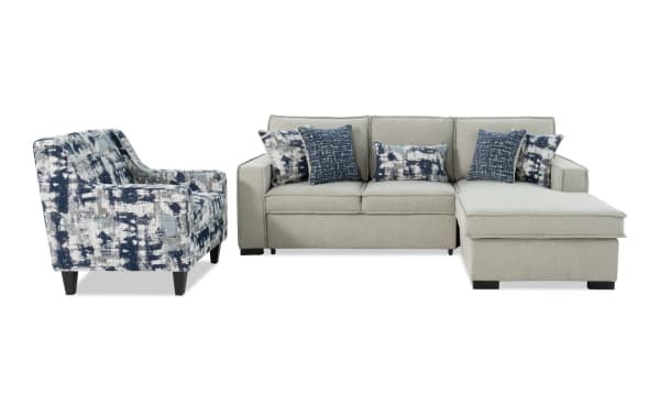 Playmax Gray 94'' 2-piece right-arm facing transitional sectional with pop-up sleeper, USB/USB-C ports, polyester fabric, and matching patterned accent chair.