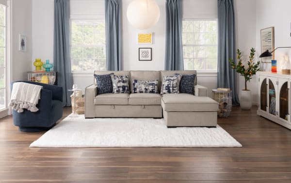 Playmax Gray 94'' 2-piece right arm facing transitional sectional with polyester fabric, pop-up sleeper chaise, USB/USB-C ports, and matching accent chair.