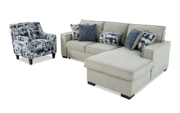 Playmax Gray 94'' 2-piece right arm facing transitional sectional with pop-up sleeper chaise, USB/USB-C ports, polyester fabric, and patterned accent chair.