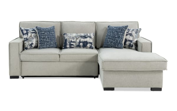 Playmax Gray 94'' 2-piece right arm facing transitional sectional with gray polyester fabric, pop-up sleeper, USB/USB-C ports, and accent pillows.