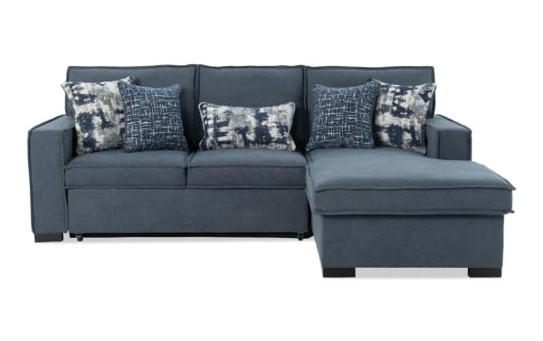 Playmax Denim 94'' gray 2-piece right arm facing transitional sectional sofa with polyester fabric, memory foam seating, USB/USB-C ports, pop-up sleeper, and accent pillows.