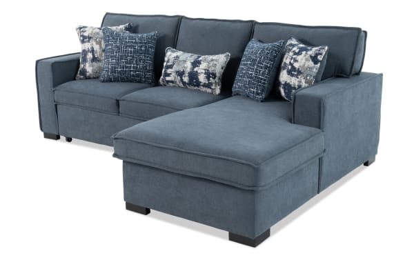 Playmax Denim 94'' 2-piece right arm facing pop-up sleeper chaise sectional in gray polyester fabric. Transitional style with memory foam seating, built-in USB/USB-C ports, storage, and included accent pillows.