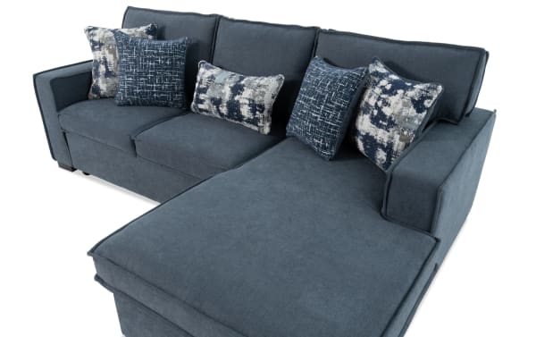 Playmax Denim 94'' gray fabric polyester sectional with right arm chaise, transitional style, memory foam seating, pop-up sleeper, USB & USB-C ports, and accent pillows.