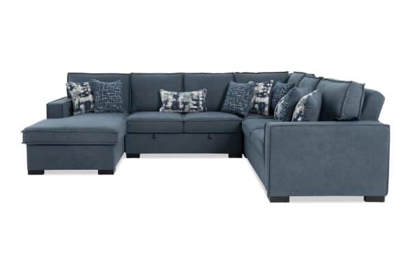 Playmax Denim 124'' 4-piece left arm facing pop-up sleeper chaise sectional in gray polyester fabric with USB/USB-C ports, storage, and accent pillows.