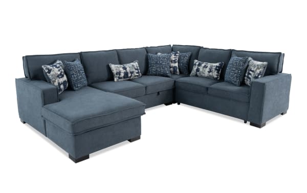 Playmax Denim 124'' 4-piece gray fabric polyester sectional with left arm chaise, transitional style, memory foam seating, USB/USB-C ports, pop-up sleeper, and accent pillows.