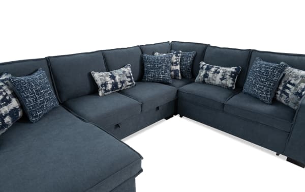 Playmax Denim 124'' 4-piece left arm facing pop-up sleeper chaise sectional in gray polyester fabric with transitional style, USB/USB-C ports, and accent pillows.