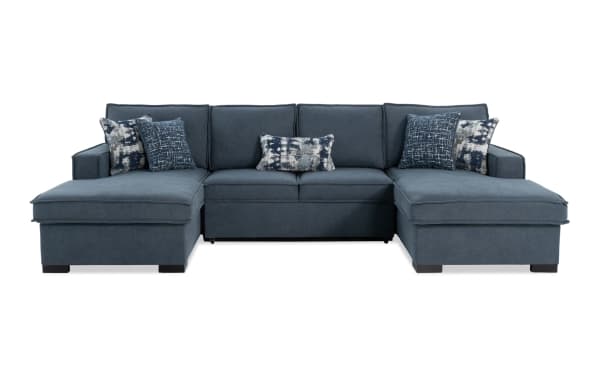 Playmax Denim 120" 3-piece gray fabric polyester sectional with dual chaise, transitional style, memory foam seating, USB/USB-C ports, storage, and pop-up sleeper.