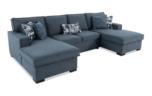 Playmax Denim 120" 3-piece gray fabric polyester sectional with dual chaise, transitional style, memory foam seating, USB/USB-C ports, and accent pillows.