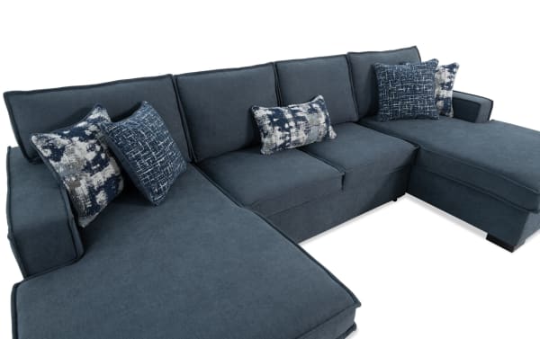 Transitional Playmax Denim 120'' 3-piece gray polyester fabric sectional with dual chaise, memory foam seating, accent pillows, and built-in USB/USB-C ports.