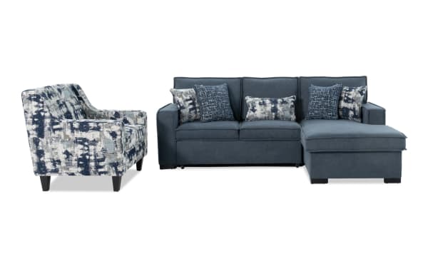 Playmax Denim 94'' 2-piece right arm facing pop-up sleeper chaise sectional in gray polyester fabric with USB/USB-C ports, Bob-O-Pedic memory foam seating, and matching patterned accent chair and pillows in transitional style.
