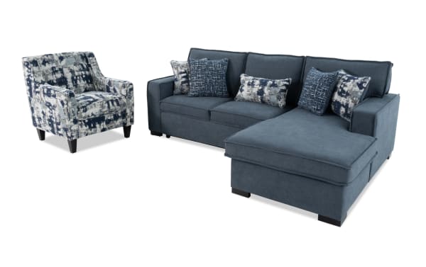 Playmax Denim 94'' 2-piece right arm facing pop-up sleeper chaise sectional in gray polyester fabric with USB/USB-C ports, memory foam seating, and patterned accent chair. Transitional style with included accent pillows.