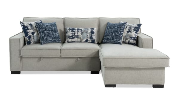 Playmax Gray 94'' 2-piece right arm facing transitional sectional with polyester fabric upholstery, storage chaise, USB & USB-C ports, and accent pillows.