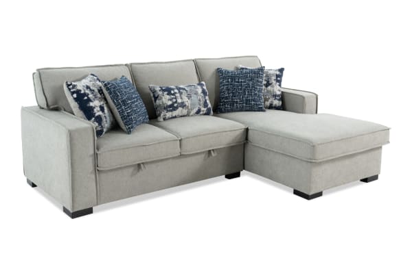 Playmax Gray 94" 2-piece right arm facing storage chaise sectional in gray polyester fabric, transitional style with memory foam seating, USB/USB-C ports, and accent pillows.