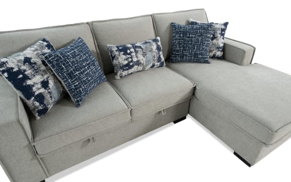 Playmax Gray 94'' 2-piece right arm facing storage chaise sectional in gray polyester fabric with Bob-O-Pedic memory foam seating, built-in USB/USB-C ports, and included accent pillows in transitional style.