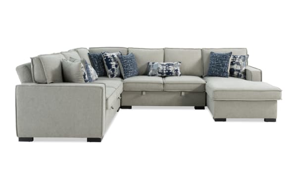 Playmax Gray 124" 4-piece right arm facing storage chaise sectional in gray polyester fabric with Bob-O-Pedic memory foam seating, USB/USB-C ports, and accent pillows in transitional style.